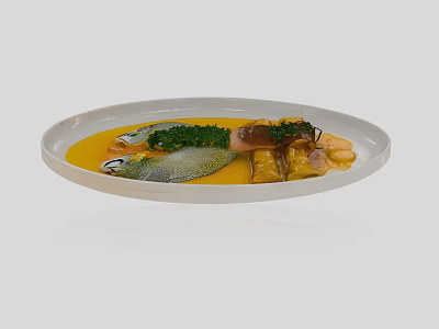 Gourmet Fish Dish On White Oval Plate With Yellow Sauce Green Herbs And Mushrooms 3d model
