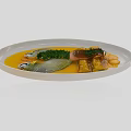 Gourmet Fish Dish On White Oval Plate With Yellow Sauce Green Herbs And Mushrooms