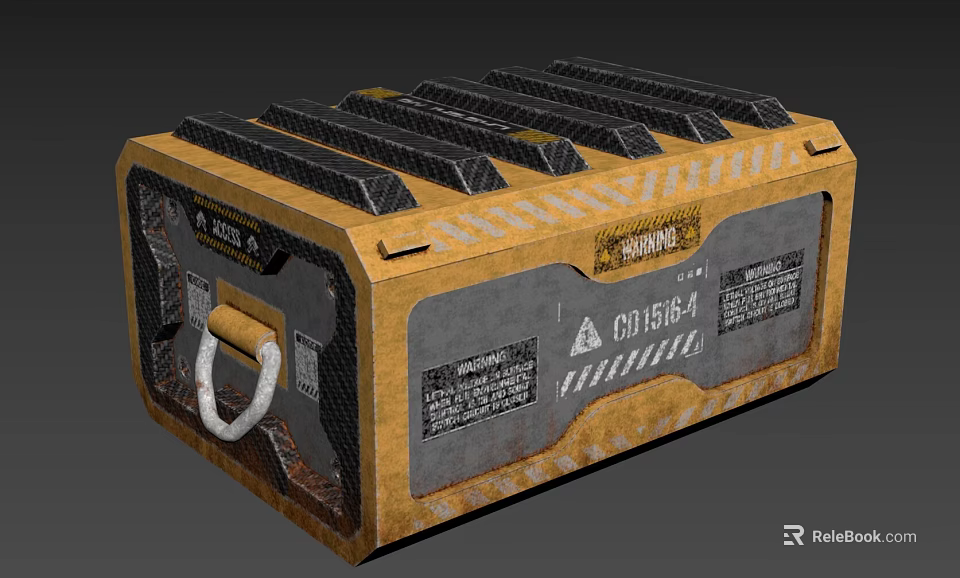 Yellow And Gray Military Crate With Metal Handle Warning Labels And Textured Surface 3d model 