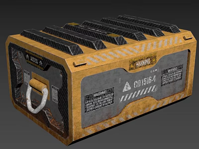 Yellow And Gray Military Crate With Metal Handle Warning Labels And Textured Surface 3d model