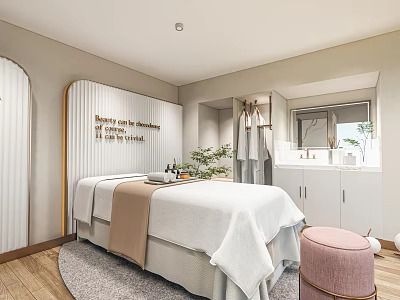 Modern Mall SPA Studio With Massage Table White Cabinets Mirror Potted Plant And Pink Stool 3d model
