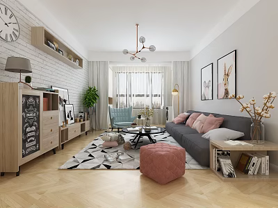 Modern Living Dining Room Interior With Gray Sofa Pink Cushions And Geometric Rug 3d model