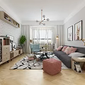 Modern Living Dining Room Interior With Gray Sofa Pink Cushions And Geometric Rug