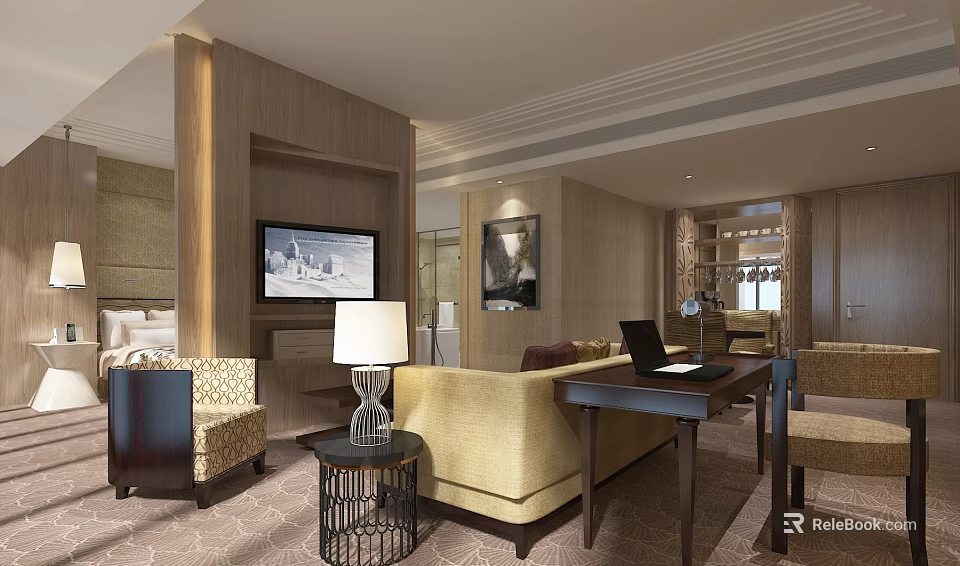 Luxurious Hotel Room Interior With Beige Sofa Wall Mounted TV And Work Desk 3d model 