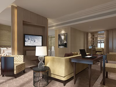 Luxurious Hotel Room Interior With Beige Sofa Wall Mounted TV And Work Desk 3d model