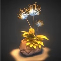 Vibrant Flower Plant With Yellow Leaves And White Dandelion-like Flowers In Brown Pot