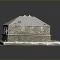 Stone Building Model With Gray Roof Stone Walls And Door On White Platform