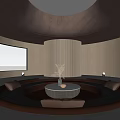 Modern Living Room With Circular Sofa Round Coffee Table Skylight Large Window And Stone Walls