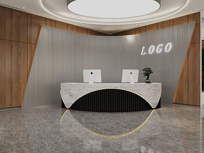 Modern Front Desk Reception With Marble Countertop Two Computers Green Plant Gray Wooden Background Wall 3d model