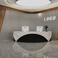 Modern Front Desk Reception With Marble Countertop Two Computers Green Plant Gray Wooden Background Wall