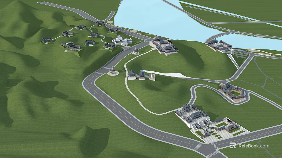 Ancient Architecture Complex Layout On Green Hills With Roads And Water Area 3d model