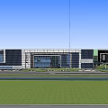 Modern Office Building Exterior Design With Glass Curtain Walls Lawn And People Walking