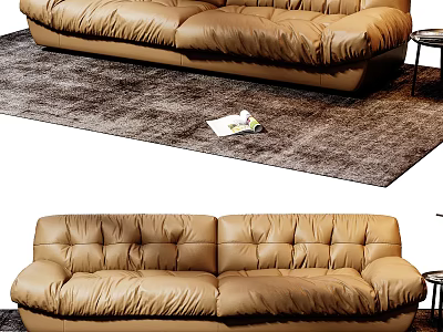 Cozy Brown Leather Two Seater Sofa In Living Room With Soft Rug And Side Table 3d model