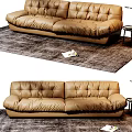 Cozy Brown Leather Two Seater Sofa In Living Room With Soft Rug And Side Table