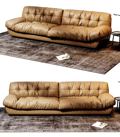 Cozy Brown Leather Two Seater Sofa In Living Room With Soft Rug And Side Table 3d model