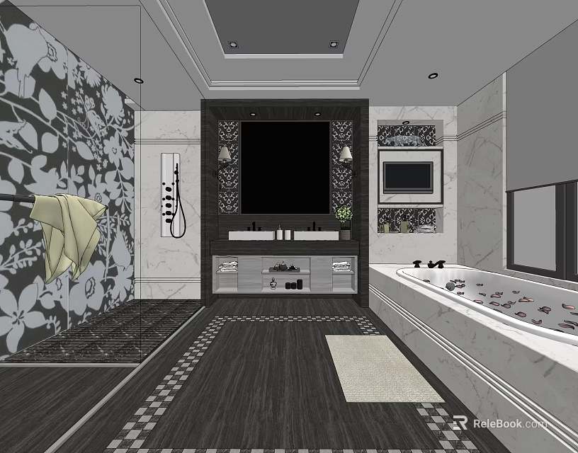 Modern Bathroom Interior With Floral Wall Decor Double Vanity Bathtub And Tiled Floor 3d model 