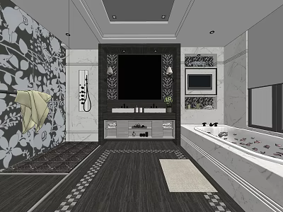 Modern Bathroom Interior With Floral Wall Decor Double Vanity Bathtub And Tiled Floor 3d model