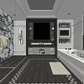 Modern Bathroom Interior With Floral Wall Decor Double Vanity Bathtub And Tiled Floor
