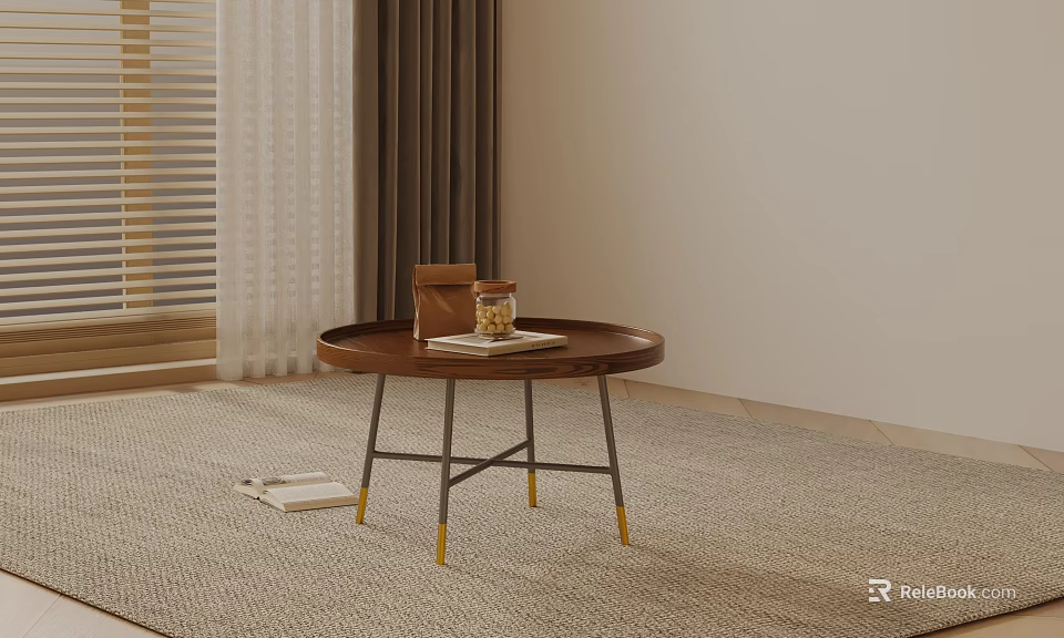 Minimalist Sofa Coffee Table Set With Round Wooden Top And Metal Gold Legs On Carpet 3d model 