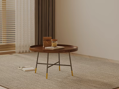 Minimalist Sofa Coffee Table Set With Round Wooden Top And Metal Gold Legs On Carpet 3d model