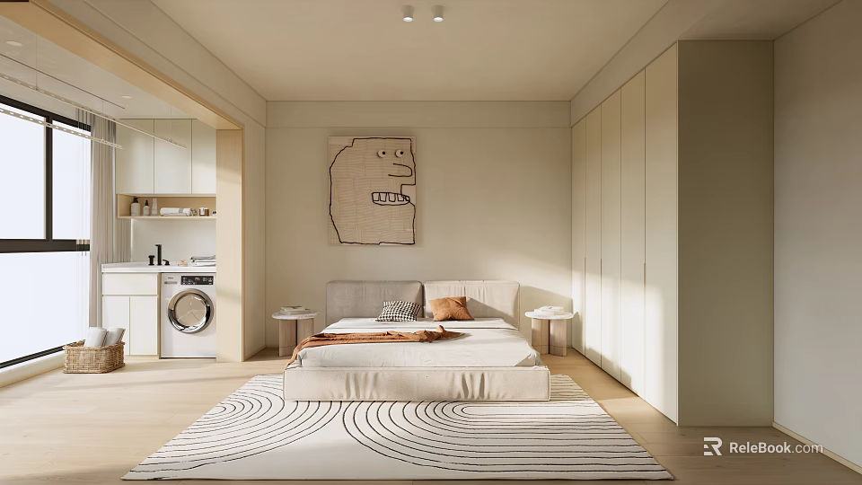 Minimalist Bedroom Interior With Modern Bed Striped Rug Artwork Wardrobe Bedside Tables And Natural Light 3d model 
