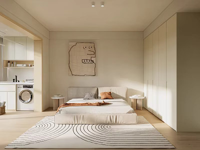 Minimalist Bedroom Interior With Modern Bed Striped Rug Artwork Wardrobe Bedside Tables And Natural Light 3d model