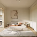 Minimalist Bedroom Interior With Modern Bed Striped Rug Artwork Wardrobe Bedside Tables And Natural Light