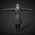 Man In Black Leather Coat With Hat And Arms Outstretched Against Dark Background 3d model