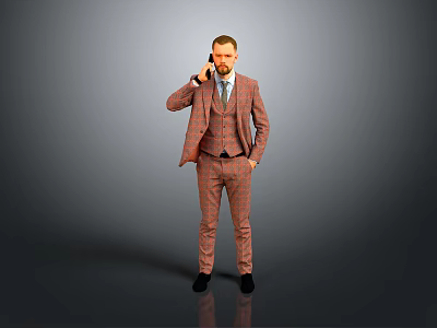 Stylish Man In Checkered Suit Talking On Phone With Hand In Pocket And Gray Background 3d model