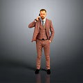 Stylish Man In Checkered Suit Talking On Phone With Hand In Pocket And Gray Background