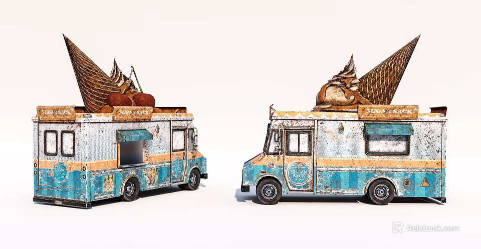 Vintage Blue And White Ice Cream Truck With Large Cones On Top 3d model 