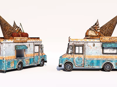 Vintage Blue And White Ice Cream Truck With Large Cones On Top 3d model