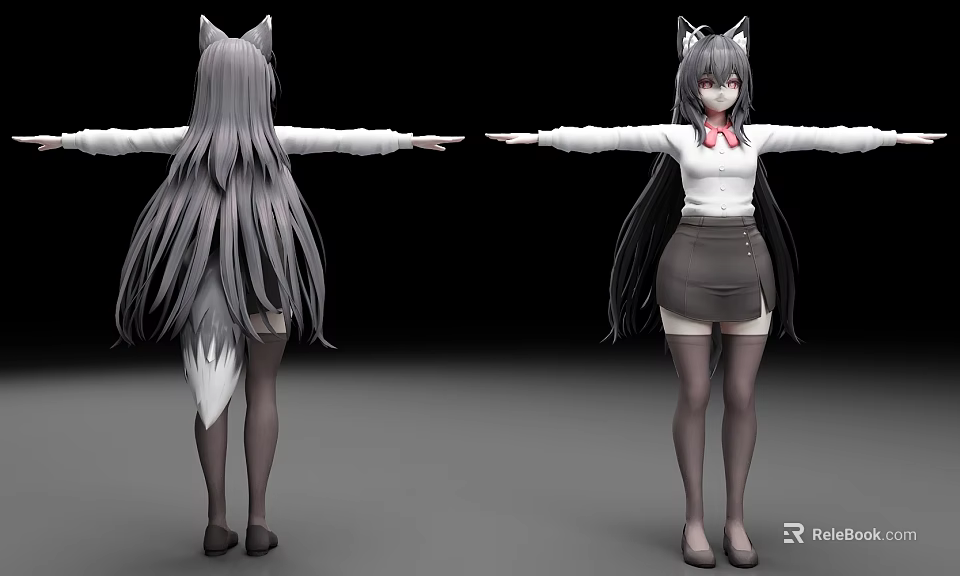 Anime Woman with Cat Ears Tail White Shirt Gray Skirt Black Stockings Front Back Views 3d model 
