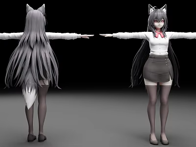 Anime Woman with Cat Ears Tail White Shirt Gray Skirt Black Stockings Front Back Views 3d model