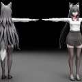 Anime Woman with Cat Ears Tail White Shirt Gray Skirt Black Stockings Front Back Views