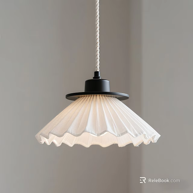 Modern Pendant Light With Black Ceiling Base And White Pleated Lampshade 3d model 