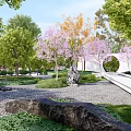 Scenic Landscape Wall With Colorful Trees Stone Path And Circular Plaza