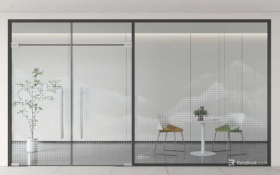 Modern Perforated Glass Partition Design For Office Interior With Table Chairs And Plants 3d model 
