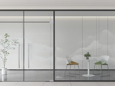 Modern Perforated Glass Partition Design For Office Interior With Table Chairs And Plants 3d model