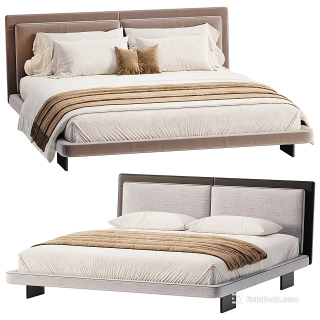 Modern Upholstered Bed Designs With Different Headboards Soft Bedding And Brown Blankets 3d model