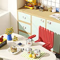 Light Wood Sideboard Cabinet With Green Storage Drawers And Countertop Coffee Machine