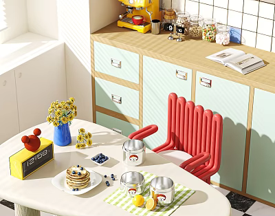 Light Wood Sideboard Cabinet With Green Storage Drawers And Countertop Coffee Machine 3d model