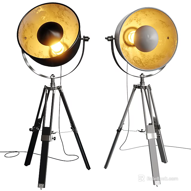 Modern Floor Lamp With Tripod Base Round Shade And Warm Yellow Light Metal Design 3d model 