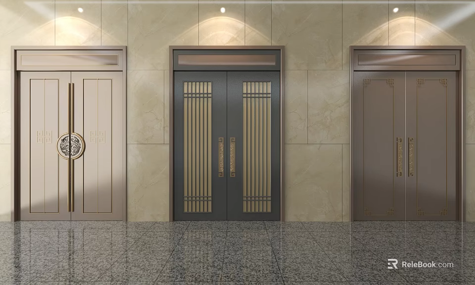 Modern Elegant Entrance Doors With Gold Accents Vertical Stripes And Marble Floor 3d model 