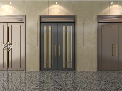 Modern Elegant Entrance Doors With Gold Accents Vertical Stripes And Marble Floor 3d model