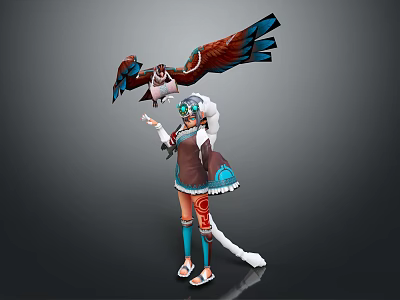 Colorfully Attired Character With Feathered Headpiece And Brown Blue Winged Eagle Perched On Hand 3d model