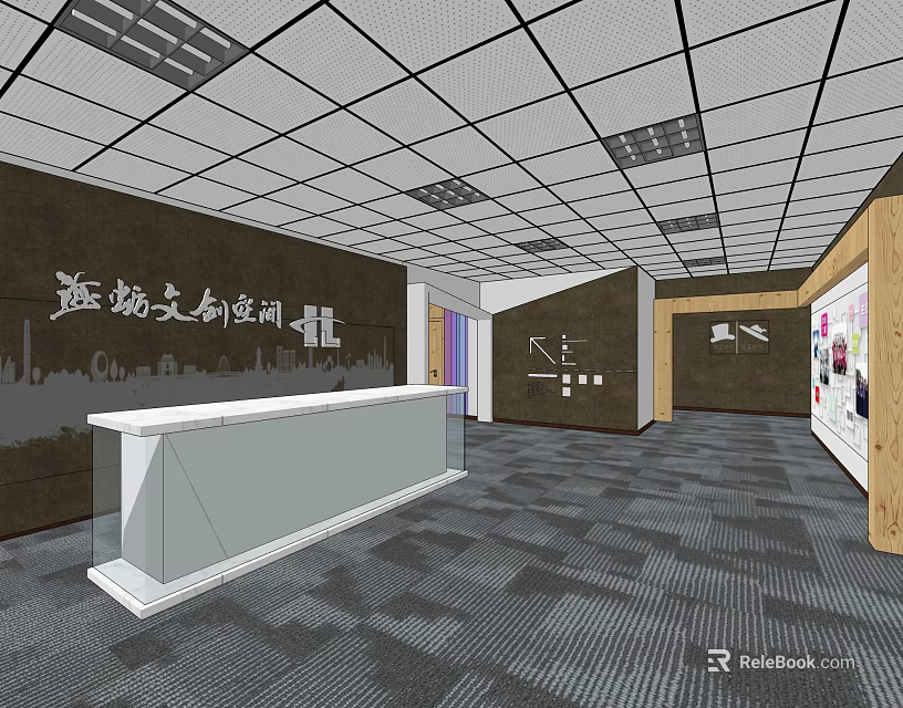 Elevator Hallway in Cultural Creative Space with White Reception Desk Direction Signs and Grid Ceiling 3d model 