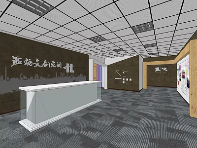 Elevator Hallway in Cultural Creative Space with White Reception Desk Direction Signs and Grid Ceiling 3d model