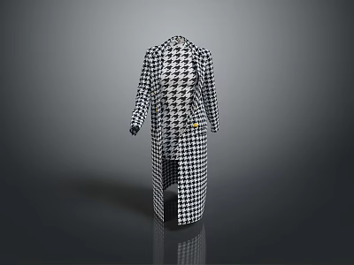 Long Houndstooth Coat With Classic Black And White Pattern Lapel Collar Design 3d model