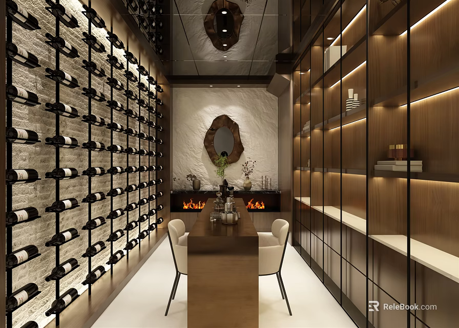 Elegant Wine Cellar Interior With Wooden Racks Neatly Arranged Bottles Decorative Mirror And Central Table 3d model 
